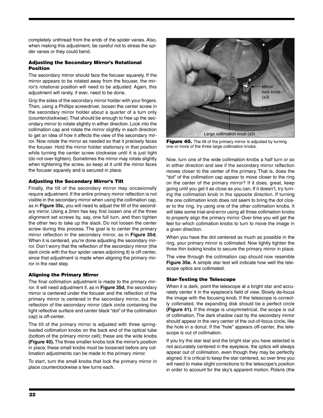 Orion XX14I instruction manual Adjusting the Secondary Mirror’s Rotational Position, Adjusting the Secondary Mirror’s Tilt 