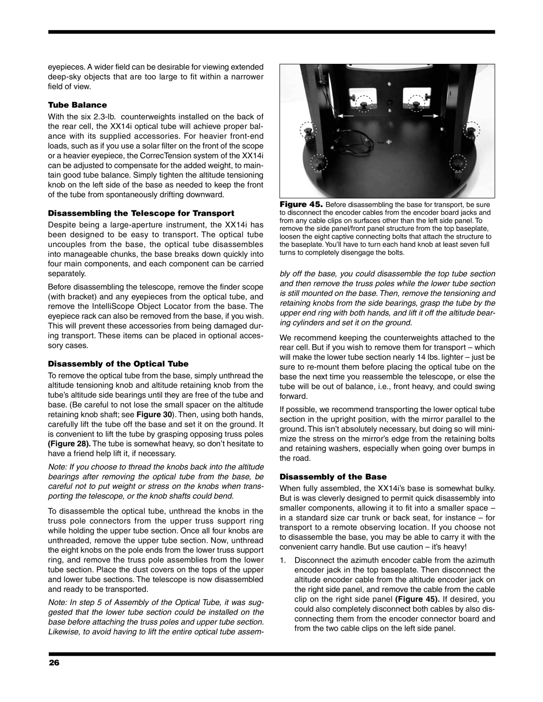 Orion XX14I instruction manual Tube Balance, Disassembling the Telescope for Transport, Disassembly of the Optical Tube 