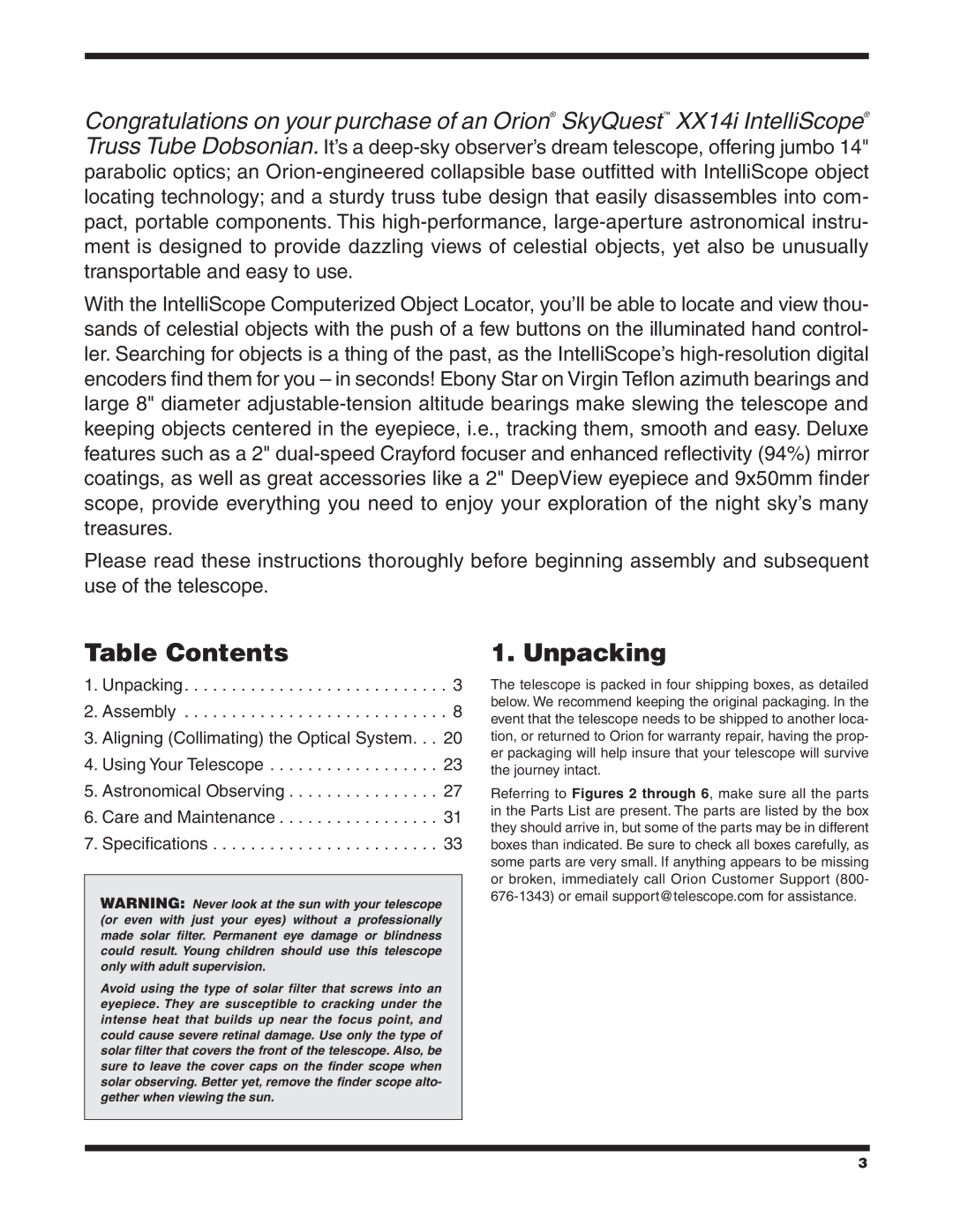 Orion XX14I instruction manual Table Contents, Unpacking 