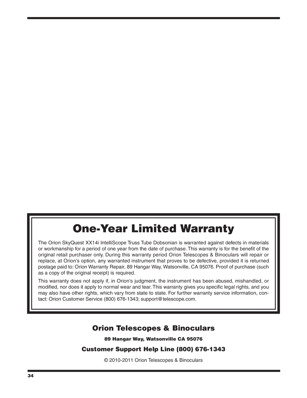 Orion XX14I instruction manual One-Year Limited Warranty 