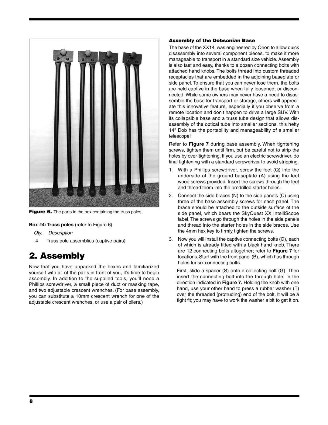 Orion XX14I instruction manual Box #4 Truss poles refer to Figure, Assembly of the Dobsonian Base 