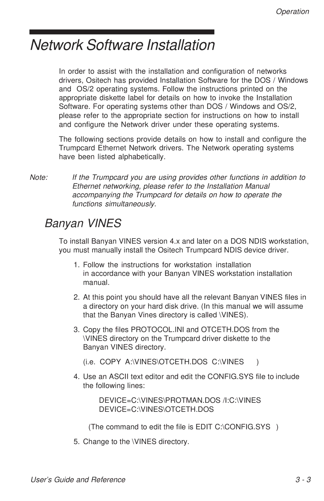 Ositech comm 614006-001 manual Network Software Installation, Banyan Vines 