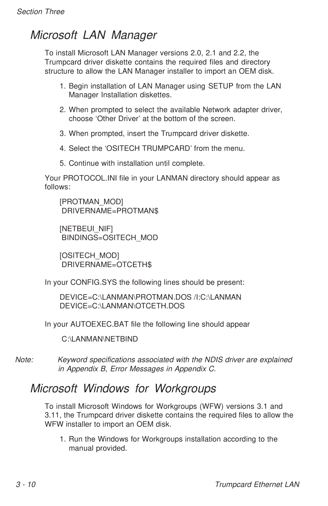 Ositech comm 614006-001 manual Microsoft LAN Manager, Microsoft Windows for Workgroups, Lanman\Netbind 