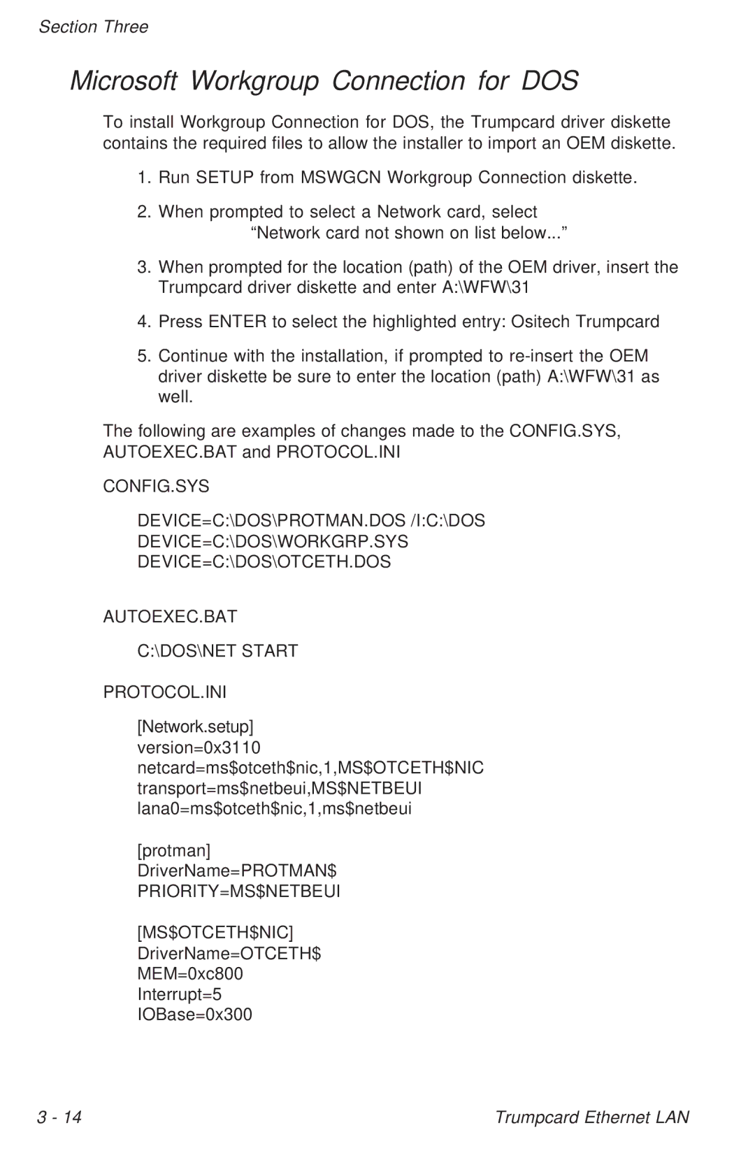 Ositech comm 614006-001 manual Microsoft Workgroup Connection for DOS, DOS\NET Start, Priority=Ms$Netbeui Ms$Otceth$Nic 