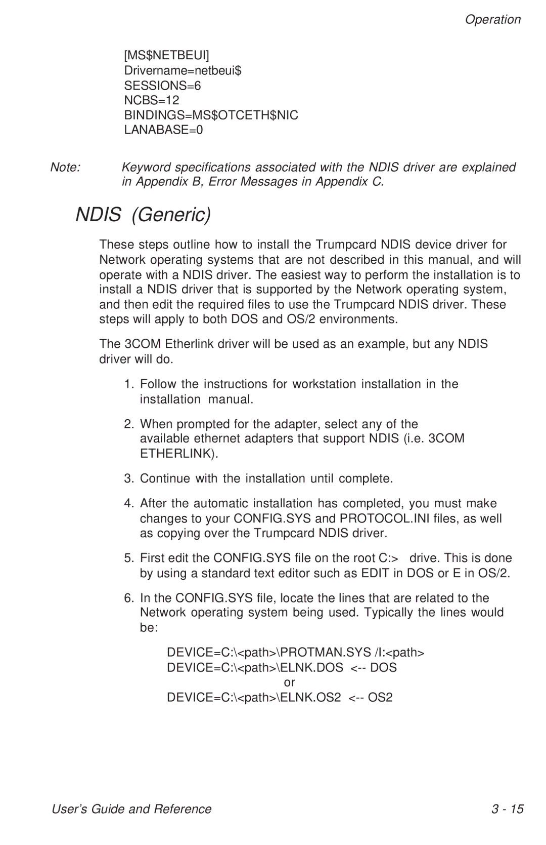 Ositech comm 614006-001 manual Ndis Generic, BINDINGS=MS$OTCETH$NIC LANABASE=0 