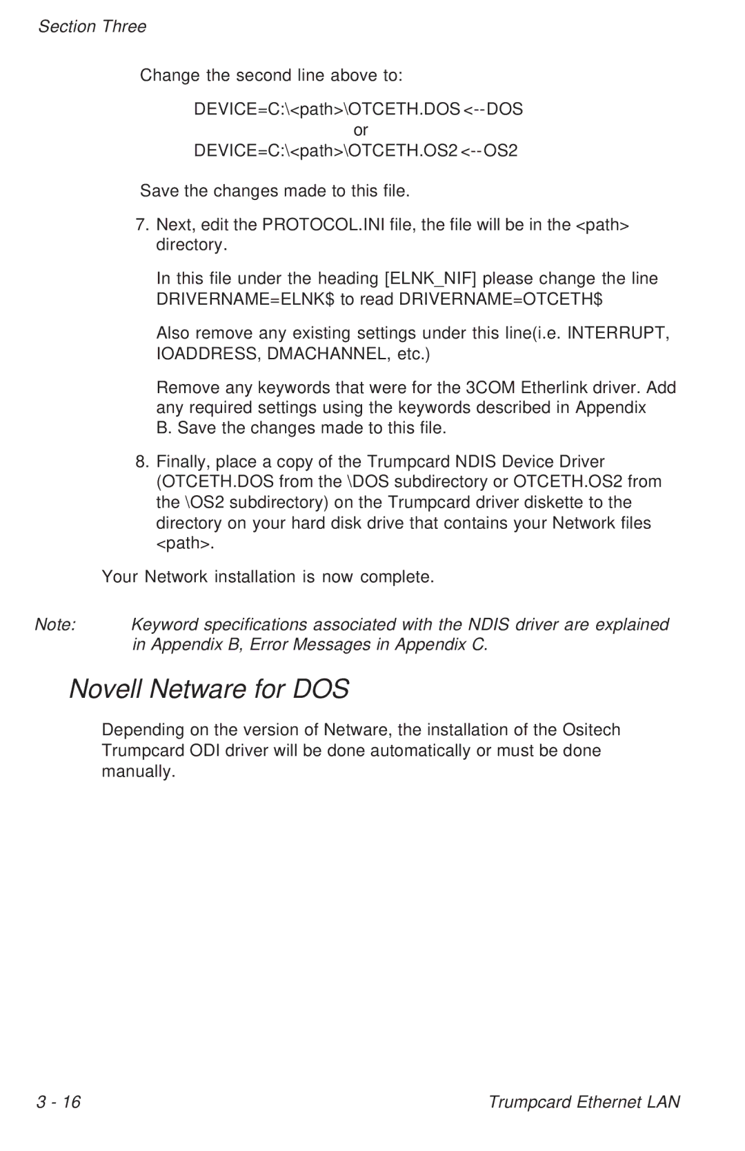 Ositech comm 614006-001 manual Novell Netware for DOS, Path 