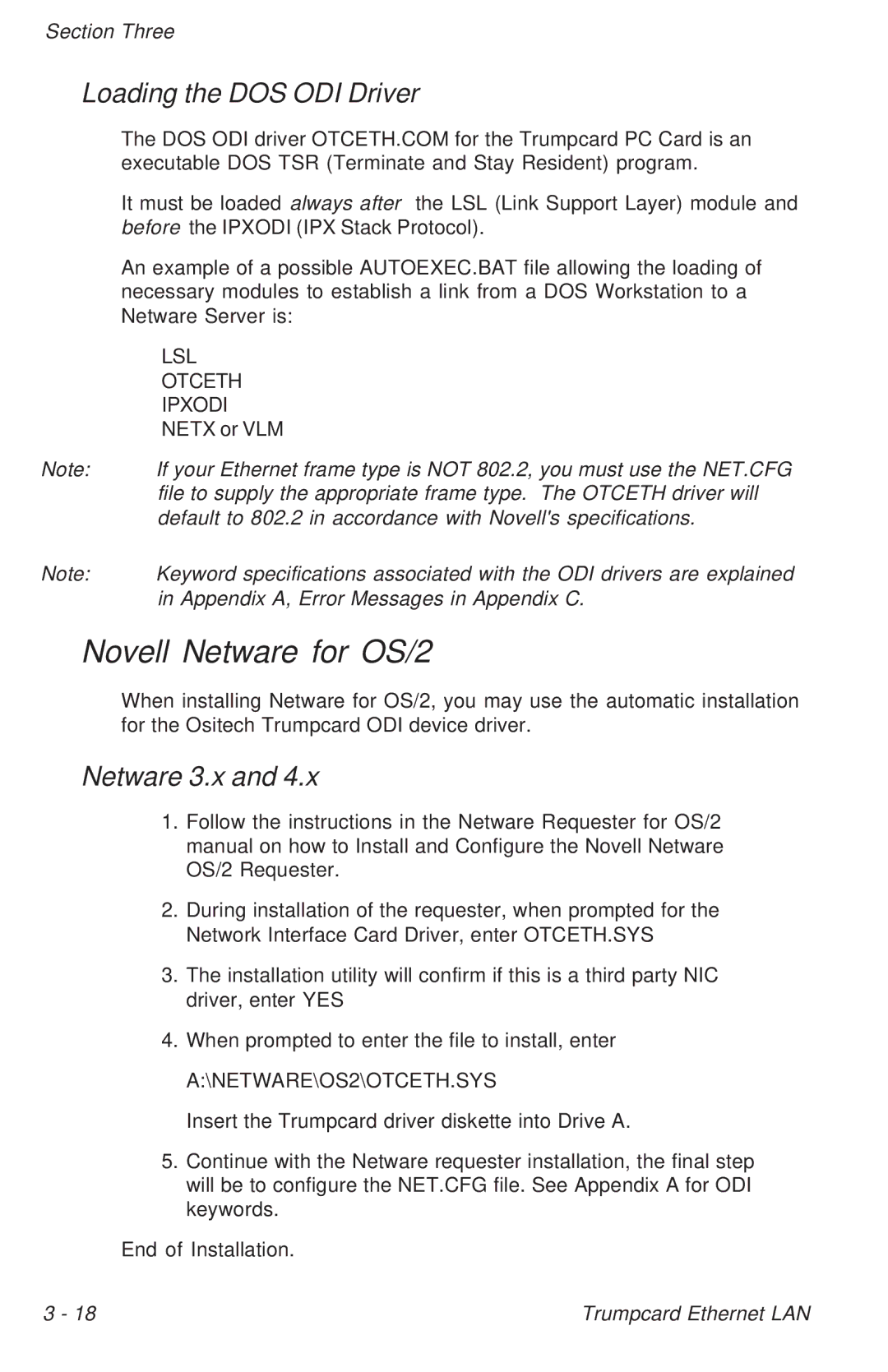 Ositech comm 614006-001 manual Novell Netware for OS/2, NETWARE\OS2\OTCETH.SYS 