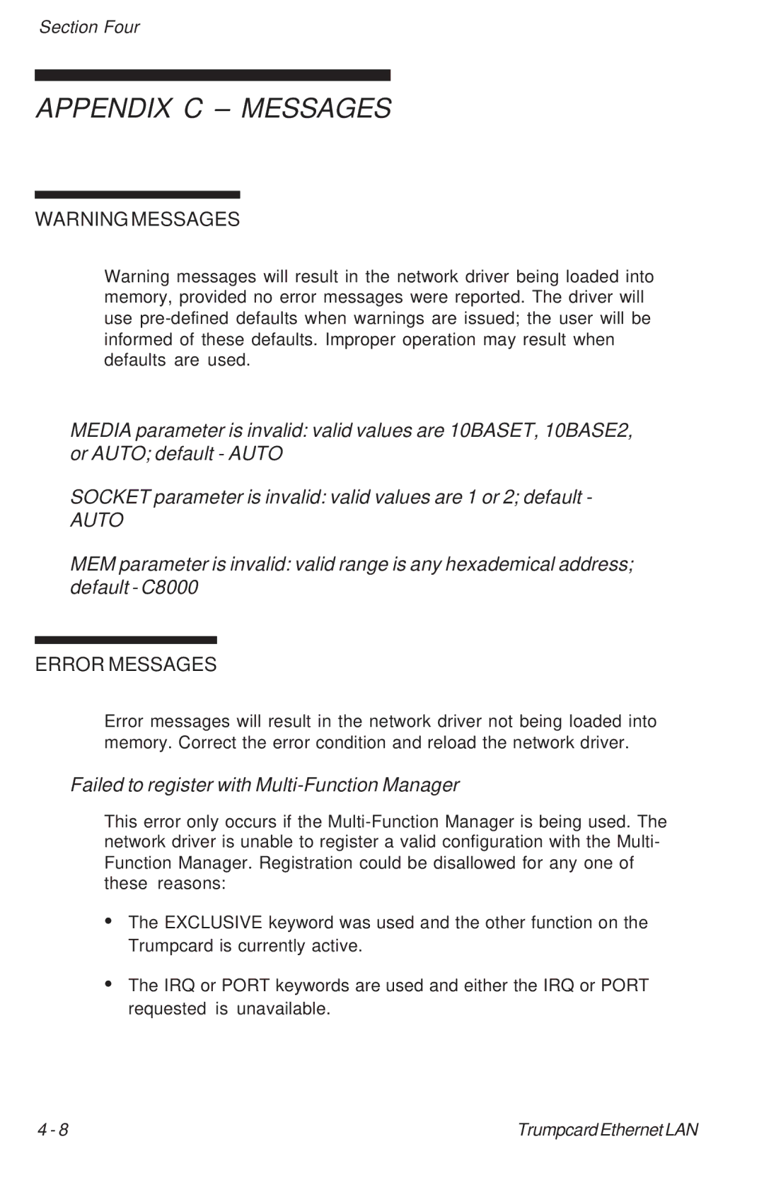 Ositech comm 614006-001 manual Appendix C Messages, Failed to register with Multi-Function Manager 