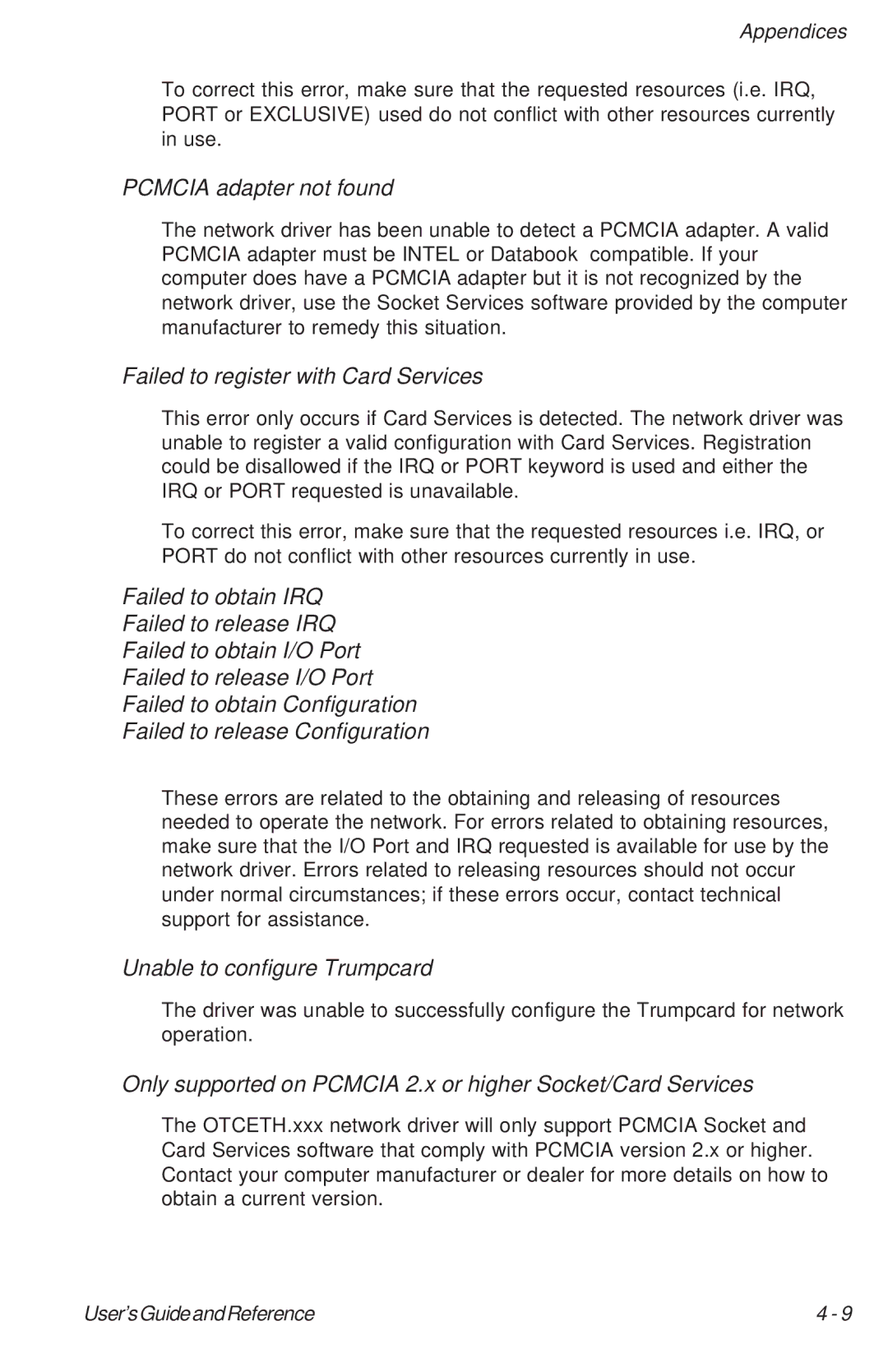 Ositech comm 614006-001 Pcmcia adapter not found, Failed to register with Card Services, Unable to configure Trumpcard 