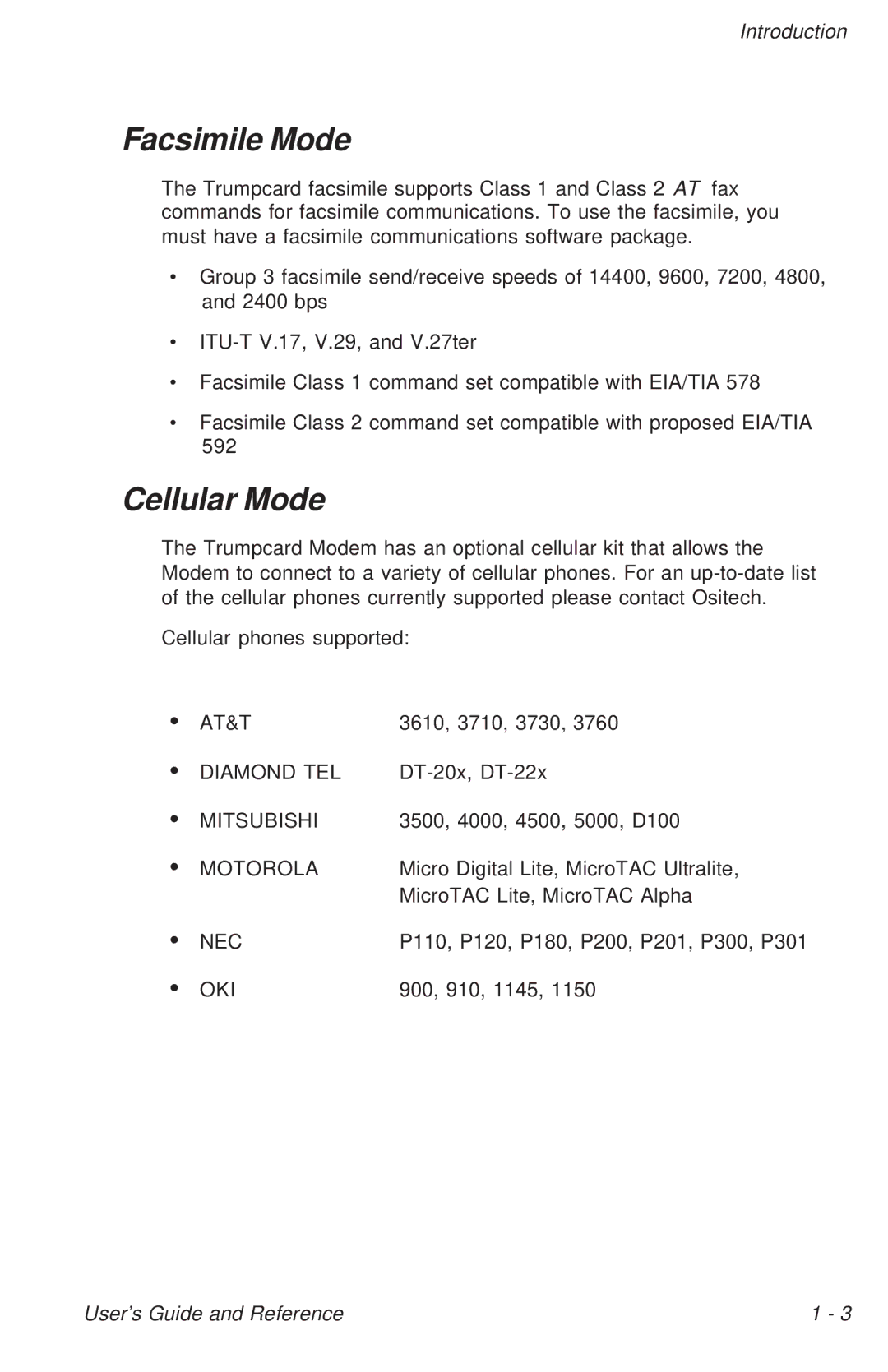 Ositech comm Trumpcard Data/Fax Modem manual Facsimile Mode, Cellular Mode 