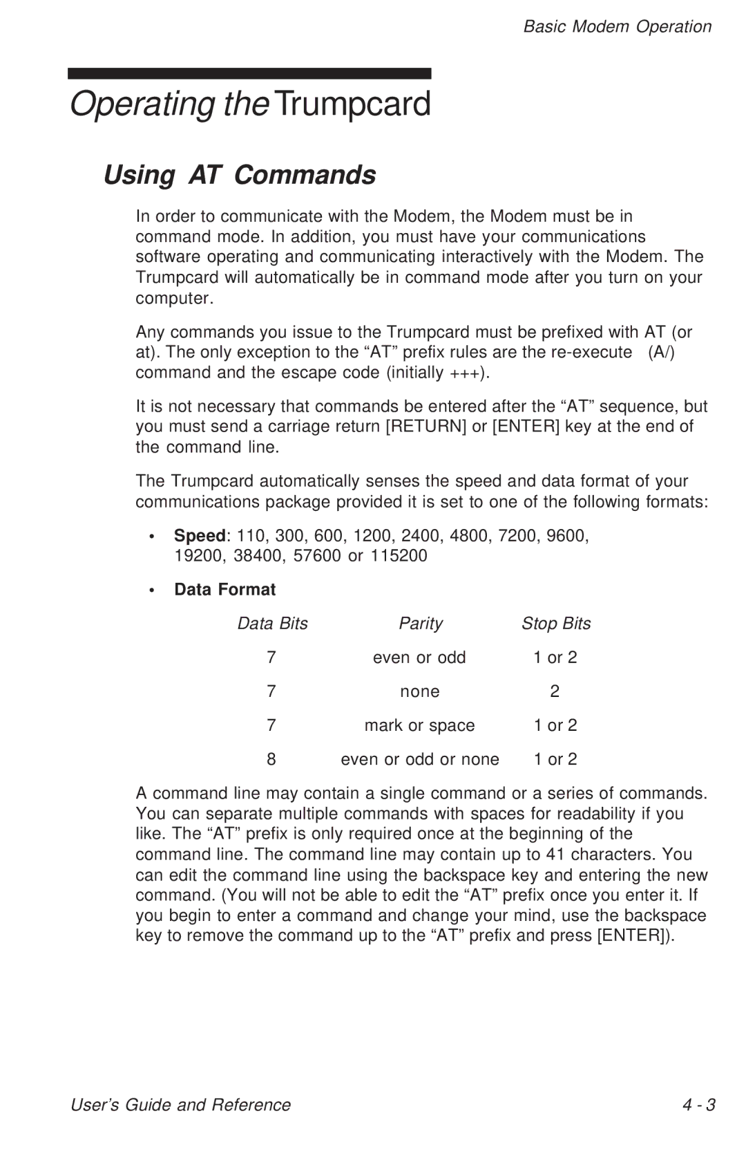 Ositech comm Trumpcard Data/Fax Modem manual Operating the Trumpcard, Using AT Commands 