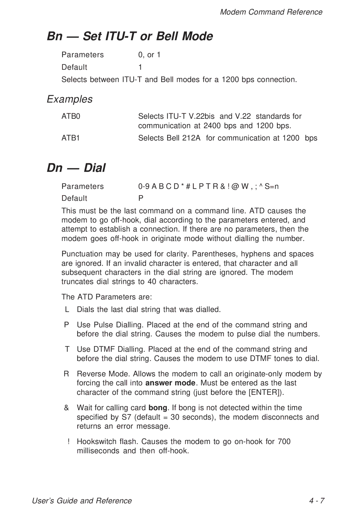 Ositech comm Trumpcard Data/Fax Modem manual Bn Set ITU-T or Bell Mode, Dn Dial, ATB0, ATB1 