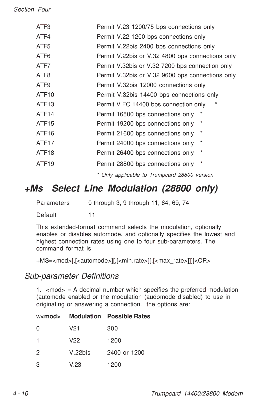 Ositech comm Trumpcard Data/Fax Modem manual +Ms Select Line Modulation 28800 only, Sub-parameter Definitions 