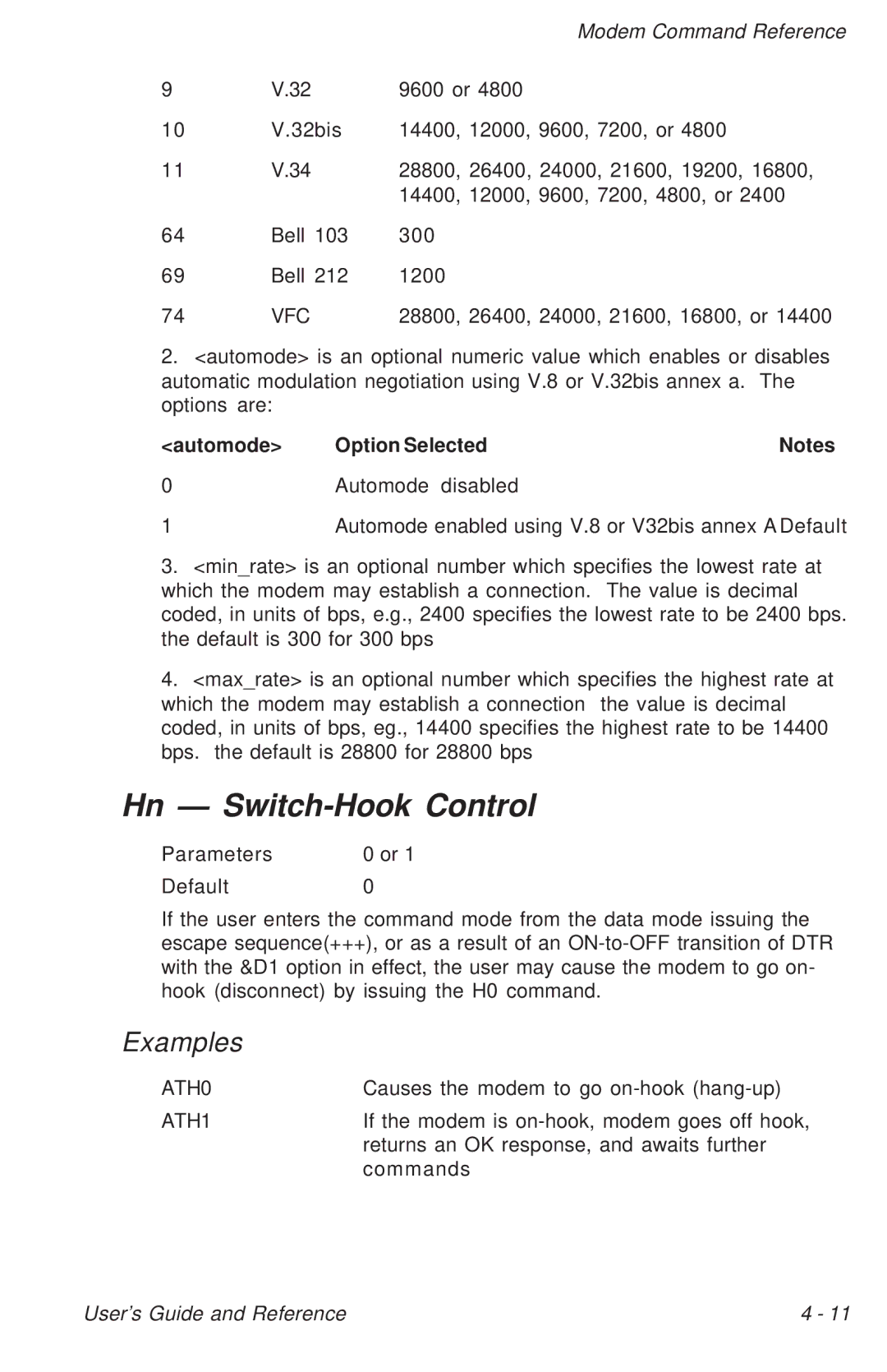 Ositech comm Trumpcard Data/Fax Modem manual Hn Switch-Hook Control, Vfc, ATH0, ATH1 