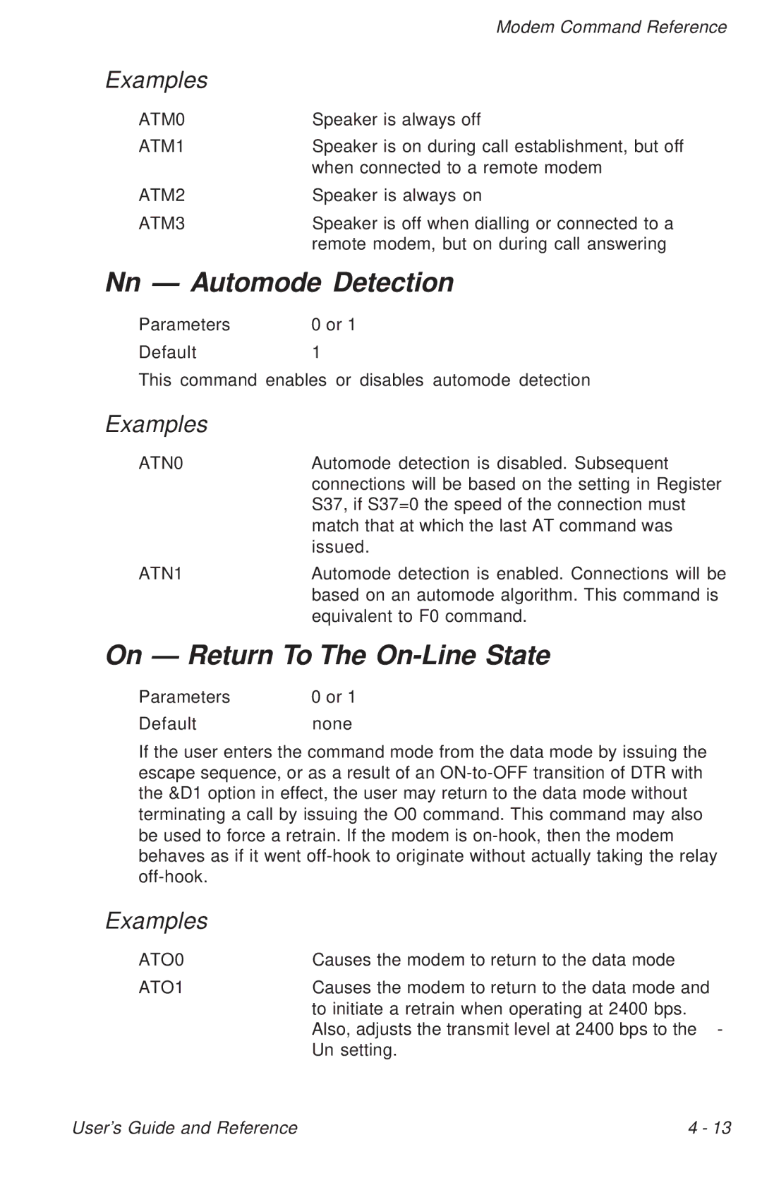 Ositech comm Trumpcard Data/Fax Modem manual Nn Automode Detection, On Return To The On-Line State 