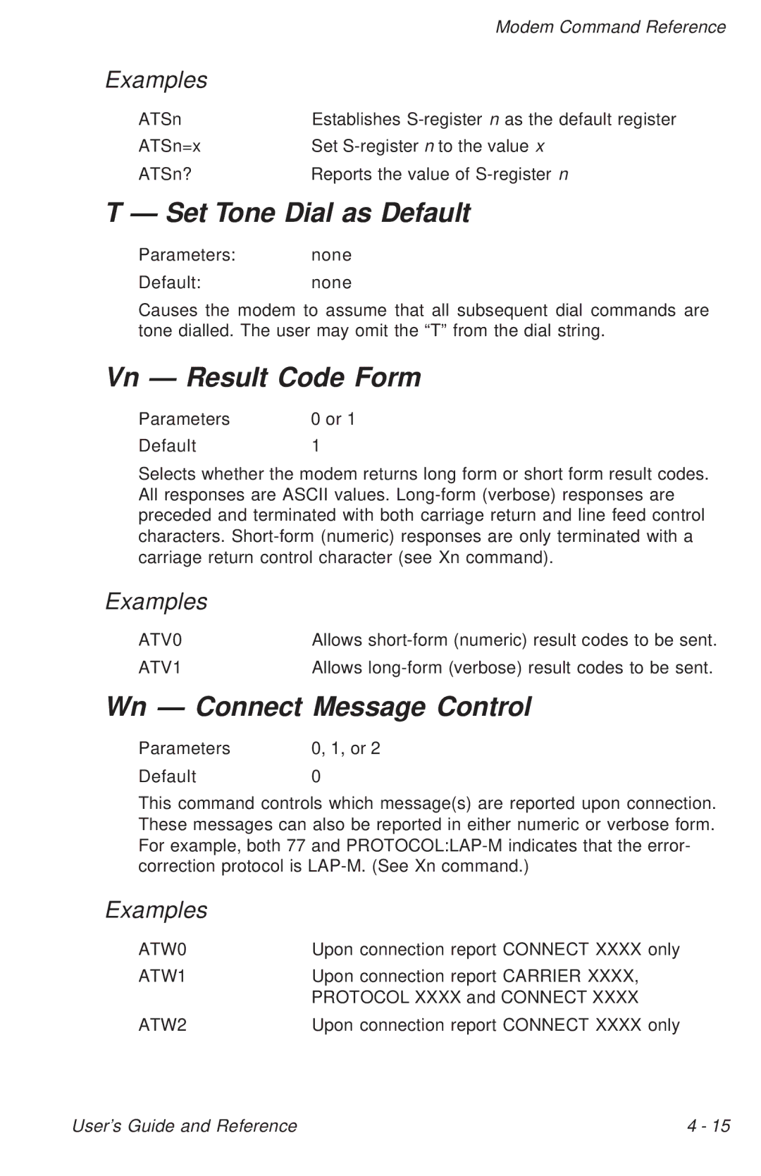 Ositech comm Trumpcard Data/Fax Modem manual Set Tone Dial as Default, Vn Result Code Form, Wn Connect Message Control 