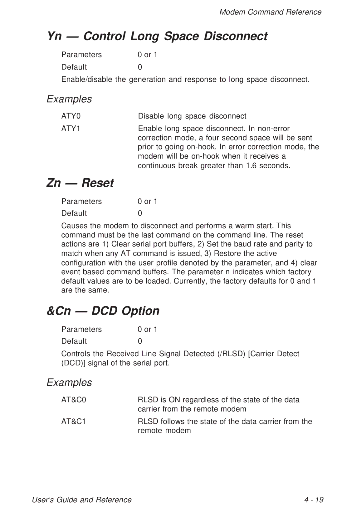 Ositech comm Trumpcard Data/Fax Modem manual Yn Control Long Space Disconnect, Zn Reset, Cn DCD Option 