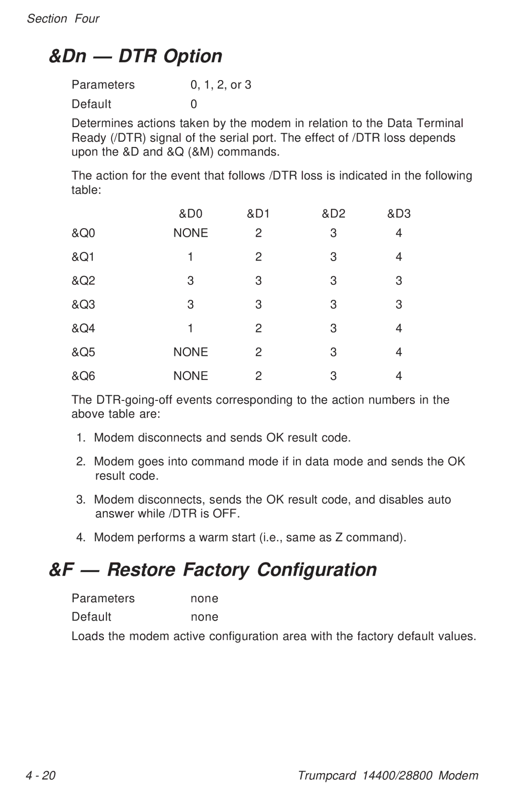 Ositech comm Trumpcard Data/Fax Modem manual Dn DTR Option, Restore Factory Configuration, None 