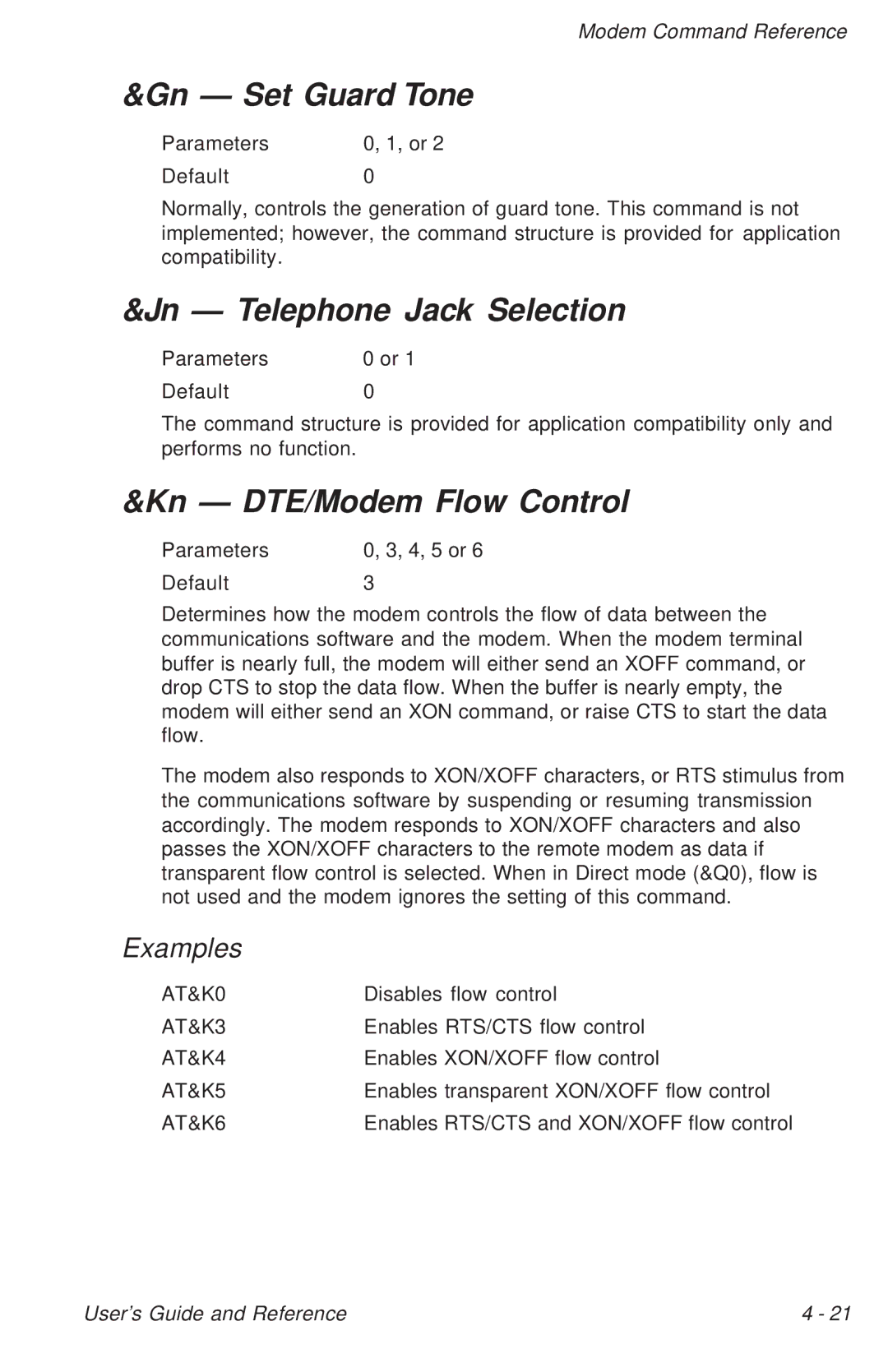 Ositech comm Trumpcard Data/Fax Modem manual Gn Set Guard Tone, Jn T elephone Jack Selection, Kn DTE/Modem Flow Control 