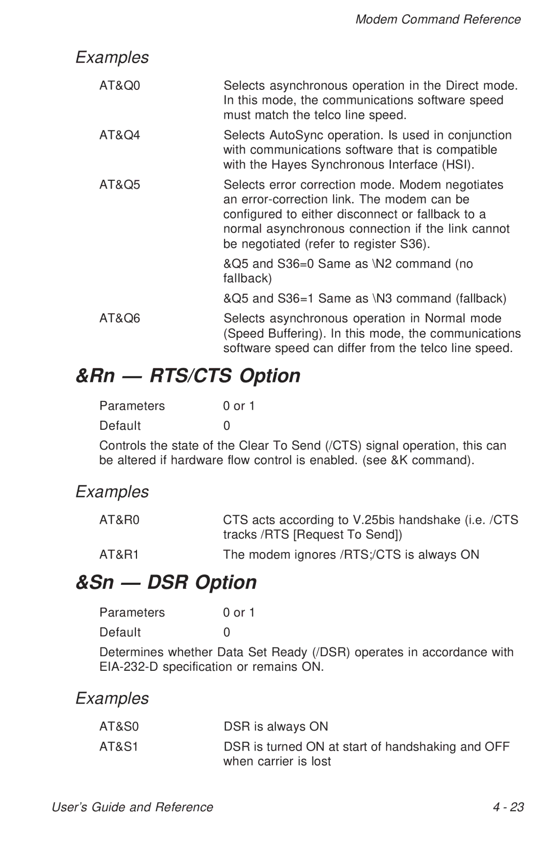 Ositech comm Trumpcard Data/Fax Modem manual Rn RTS/CTS Option, Sn DSR Option 