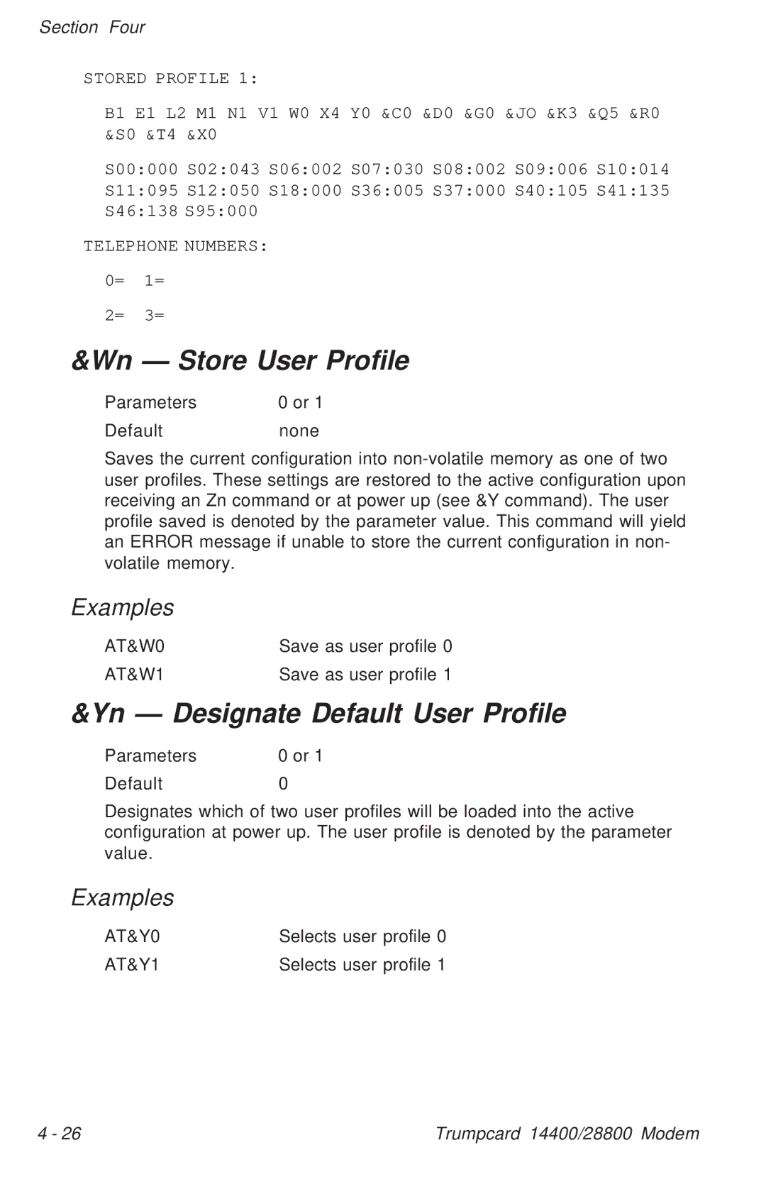 Ositech comm Trumpcard Data/Fax Modem manual Wn Store User Profile, Yn Designate Default User Profile 