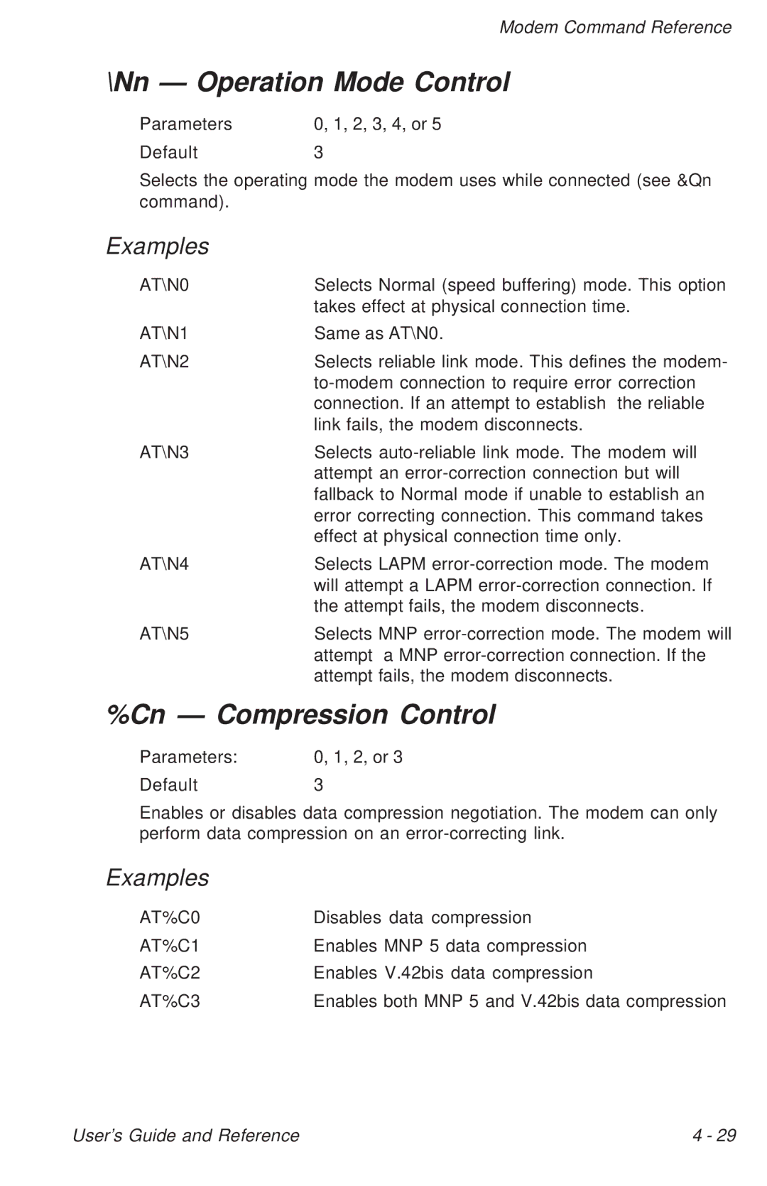 Ositech comm Trumpcard Data/Fax Modem manual Nn Operation Mode Control, Cn Compression Control 