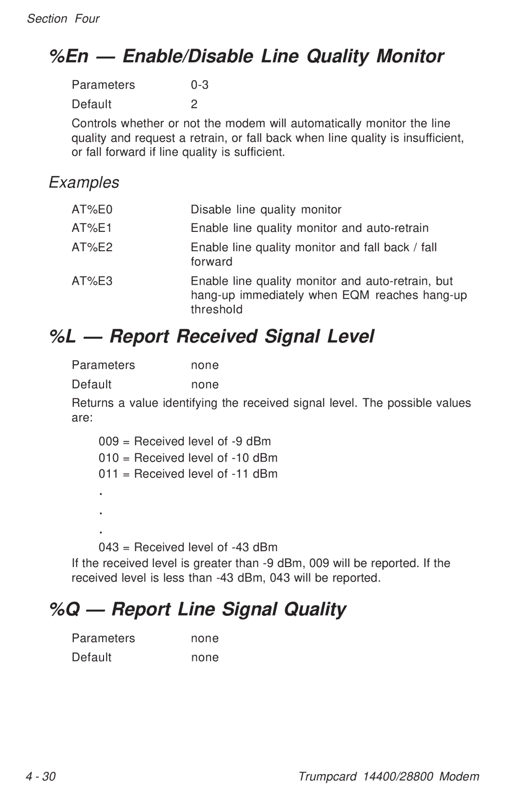 Ositech comm Trumpcard Data/Fax Modem manual En Enable/Disable Line Quality Monitor, Report Received Signal Level 