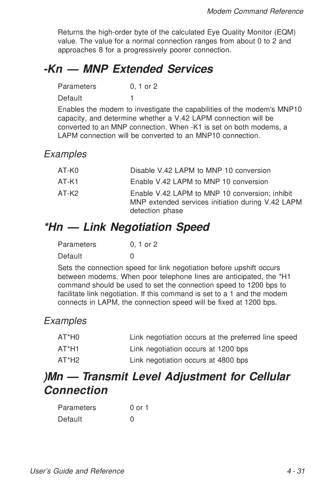 Ositech comm Trumpcard Data/Fax Modem manual Kn MNP Extended Services, Hn Link Negotiation Speed 