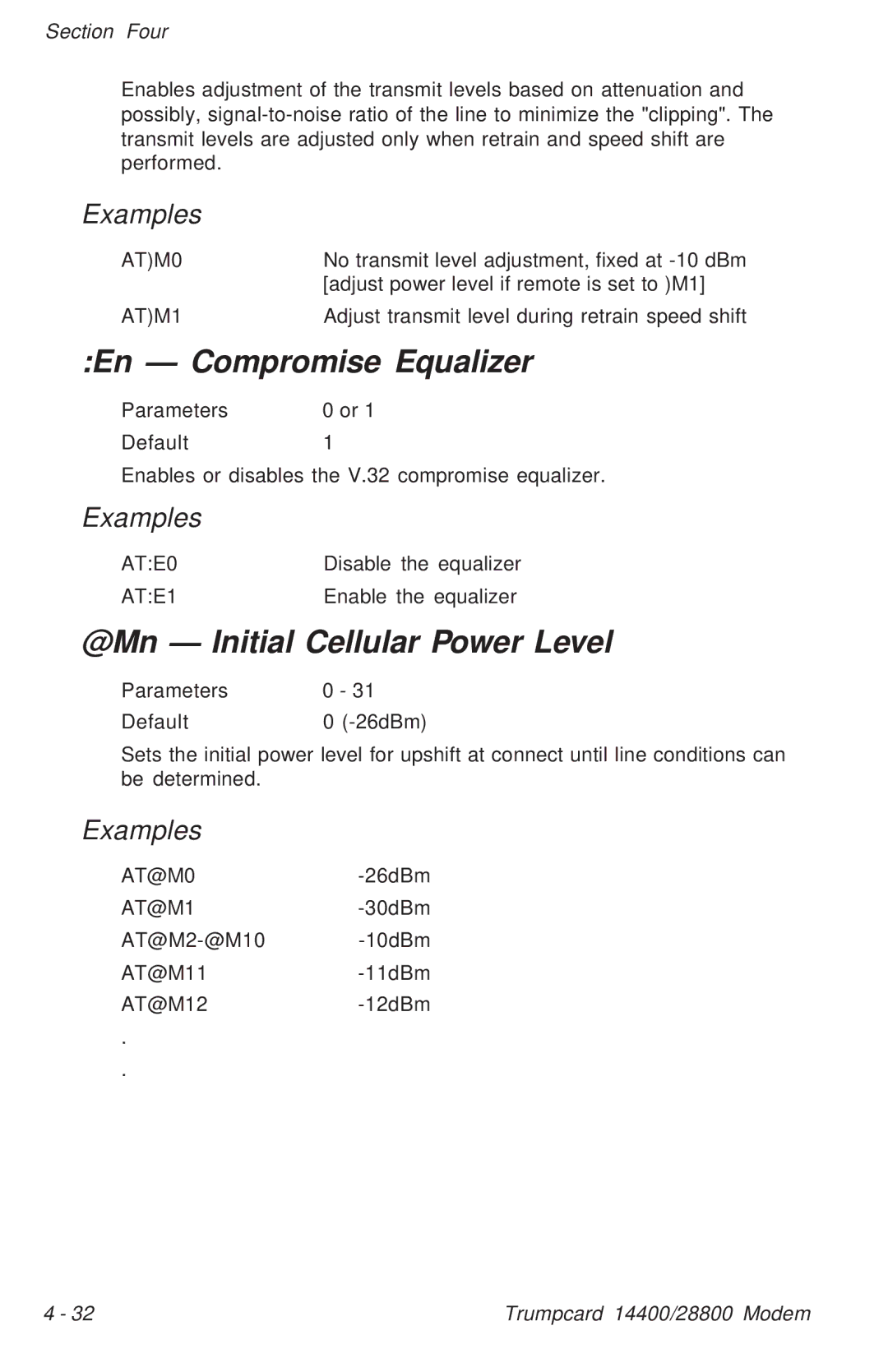 Ositech comm Trumpcard Data/Fax Modem manual En Compromise Equalizer, @Mn Initial Cellular Power Level 