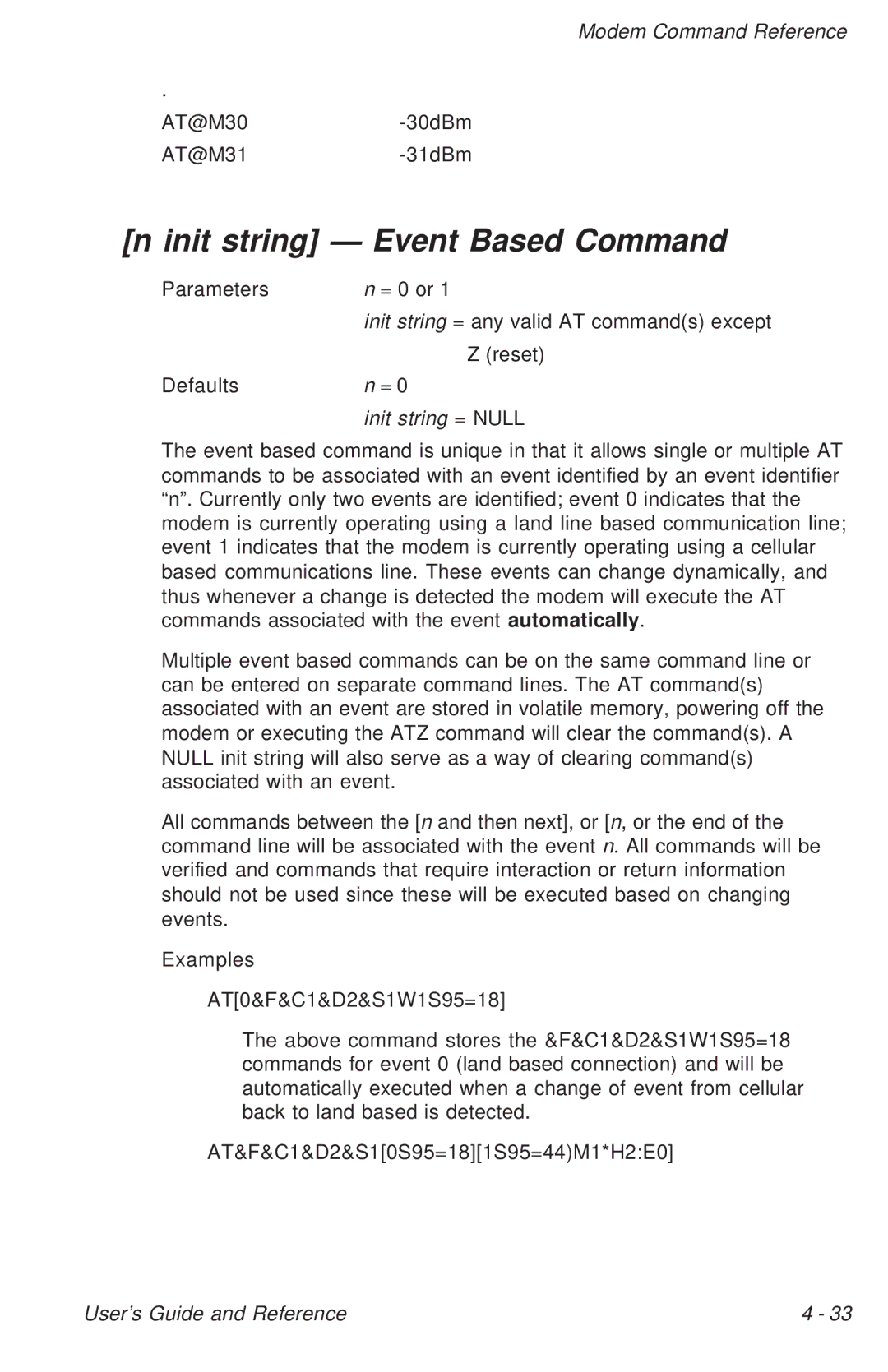 Ositech comm Trumpcard Data/Fax Modem manual Init string Event Based Command, Init string = Null 