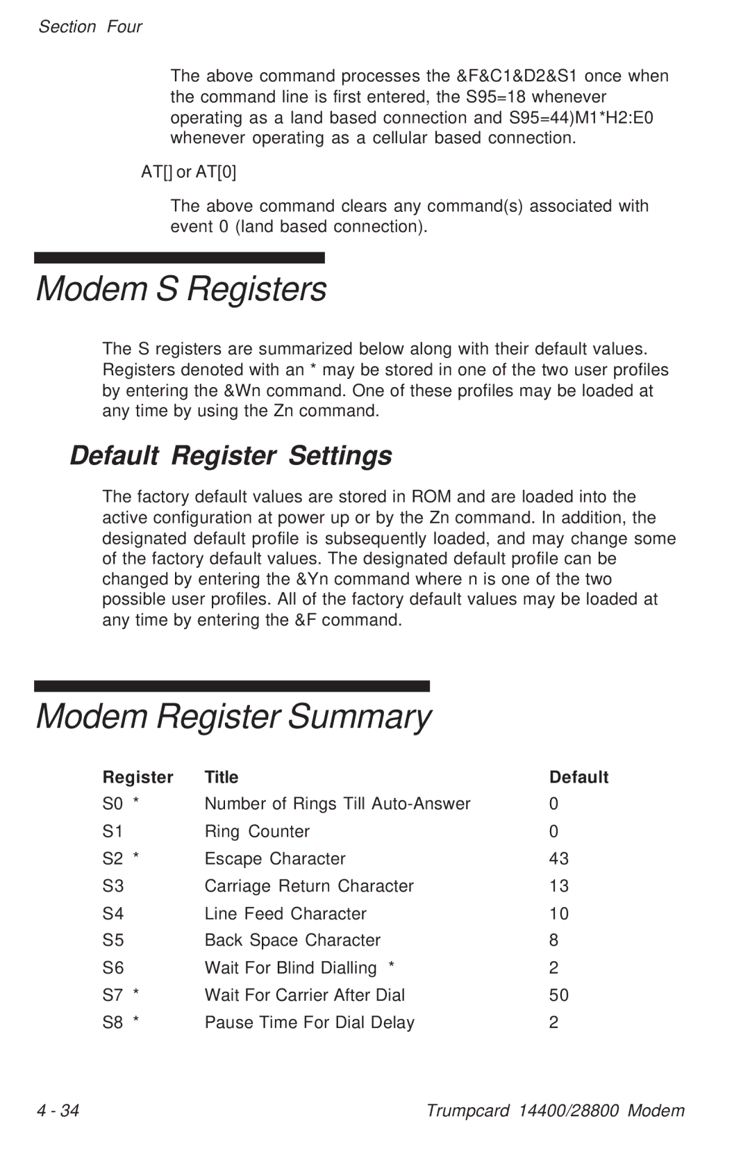 Ositech comm Trumpcard Data/Fax Modem manual Modem S Registers, Modem Register Summary, Default Register Settings 