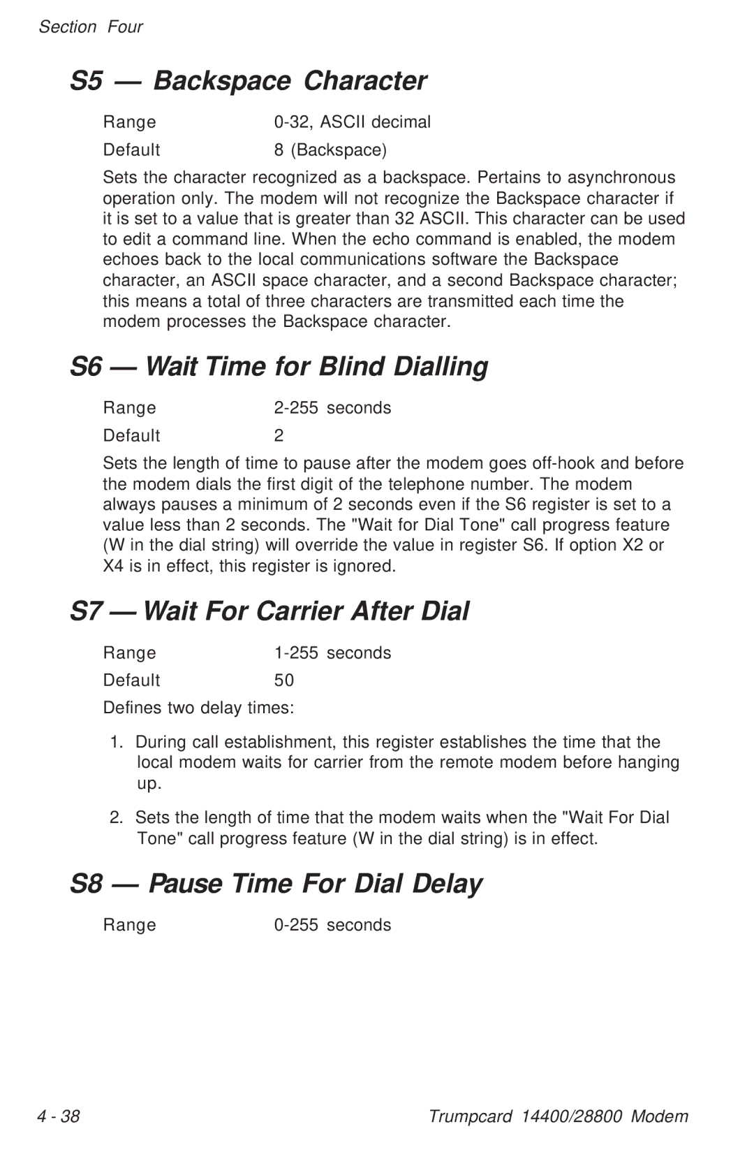 Ositech comm Trumpcard Data/Fax Modem manual S5 Backspace Character, S6 Wait, S7 Wait For Carrier After Dial, S8 Pause 