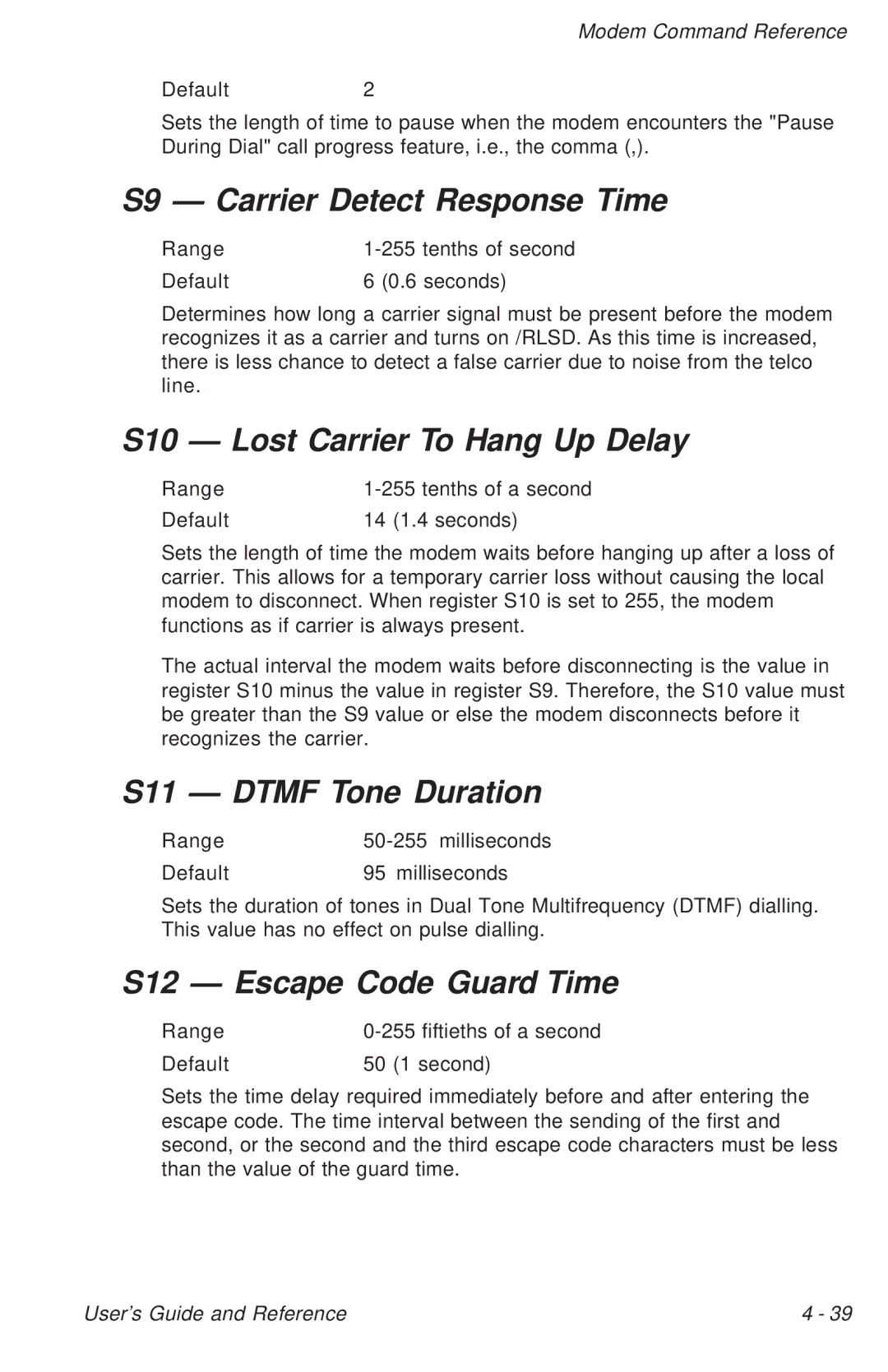 Ositech comm Trumpcard Data/Fax Modem manual S9 Carrier Detect Response Time, S10 Lost Carrier To Hang Up Delay 