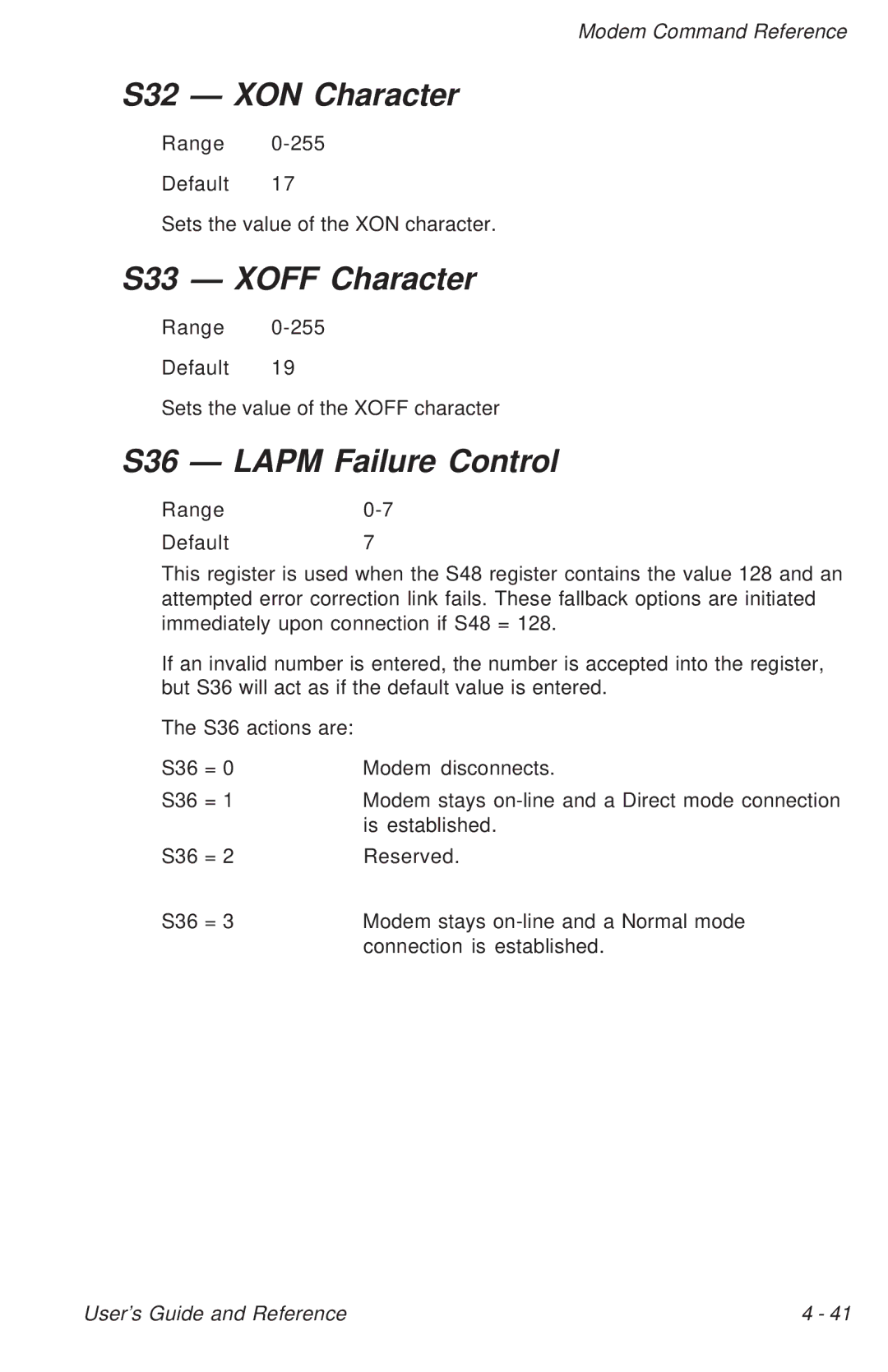 Ositech comm Trumpcard Data/Fax Modem manual S32 XON Character, S33 Xoff Character, S36 Lapm Failure Control 