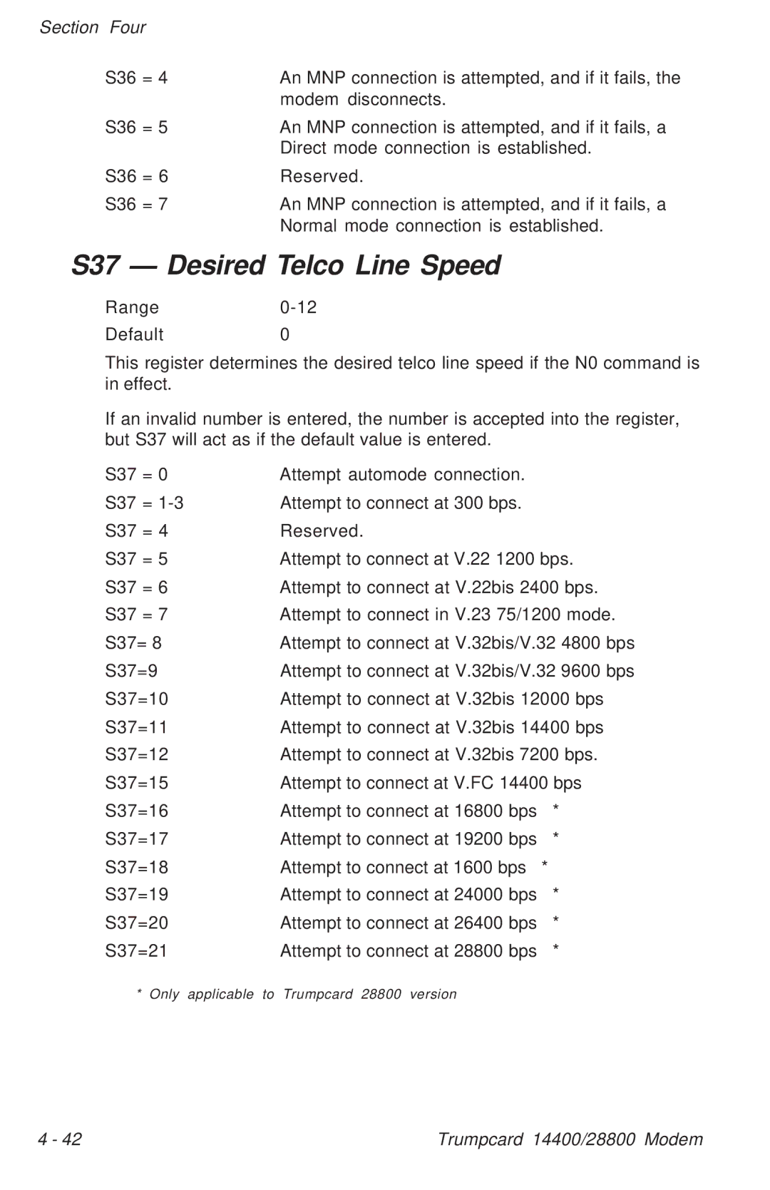 Ositech comm Trumpcard Data/Fax Modem manual S37 Desired Telco Line Speed, Range Default 