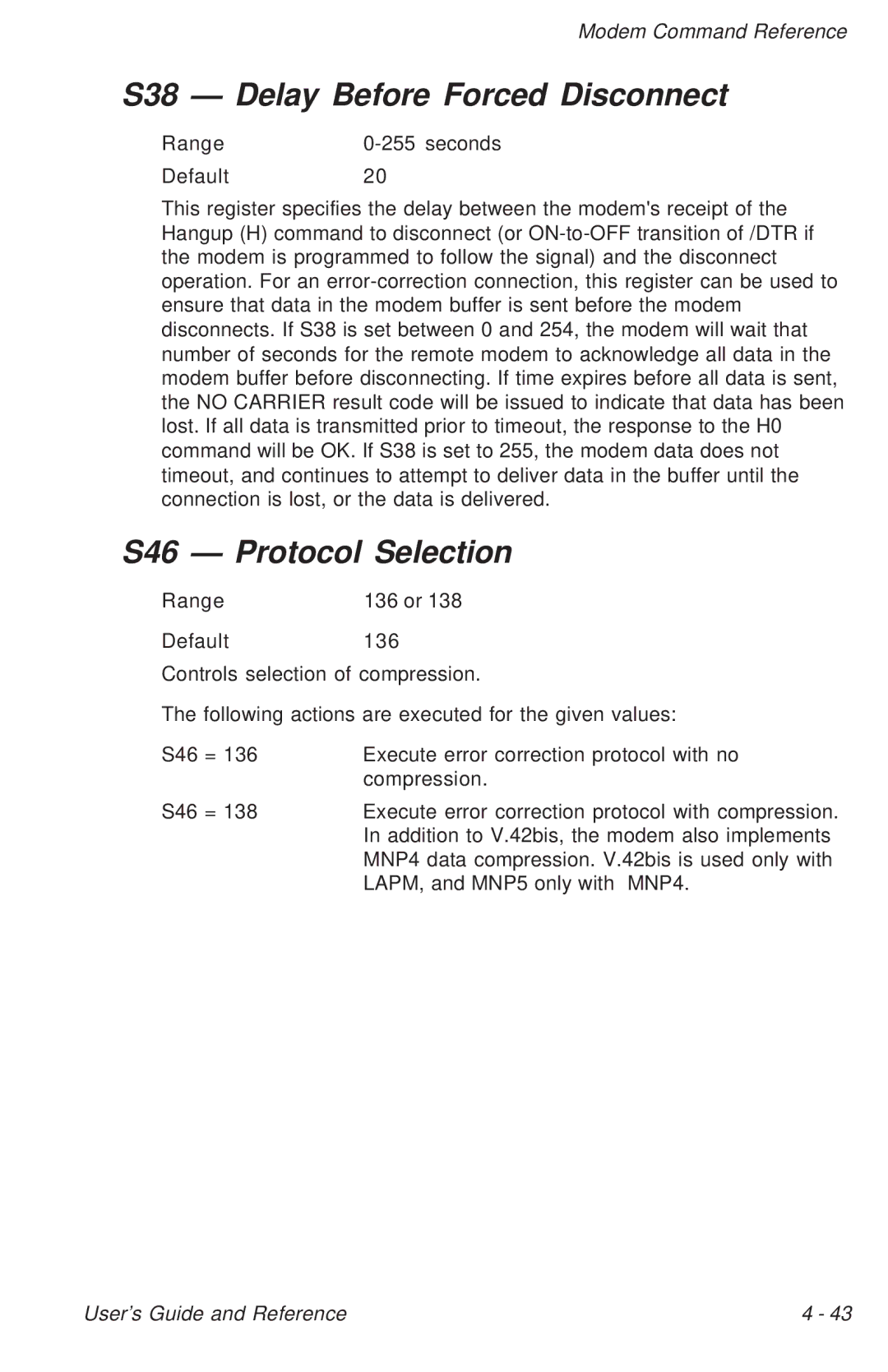 Ositech comm Trumpcard Data/Fax Modem manual S38 Delay Before Forced Disconnect, S46 Protocol Selection 