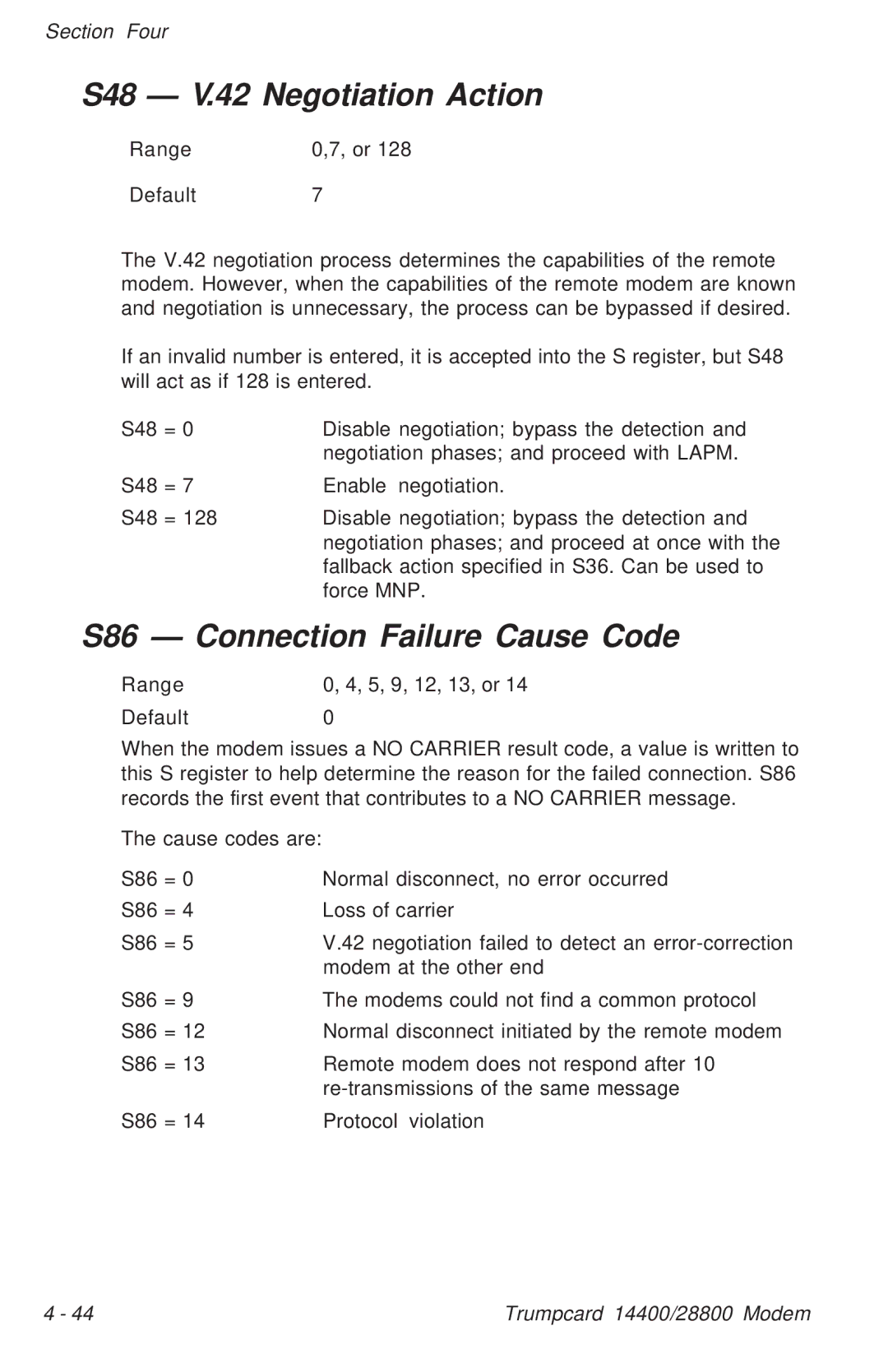 Ositech comm Trumpcard Data/Fax Modem manual S48 V .42 Negotiation Action, S86 Connection Failure Cause Code 