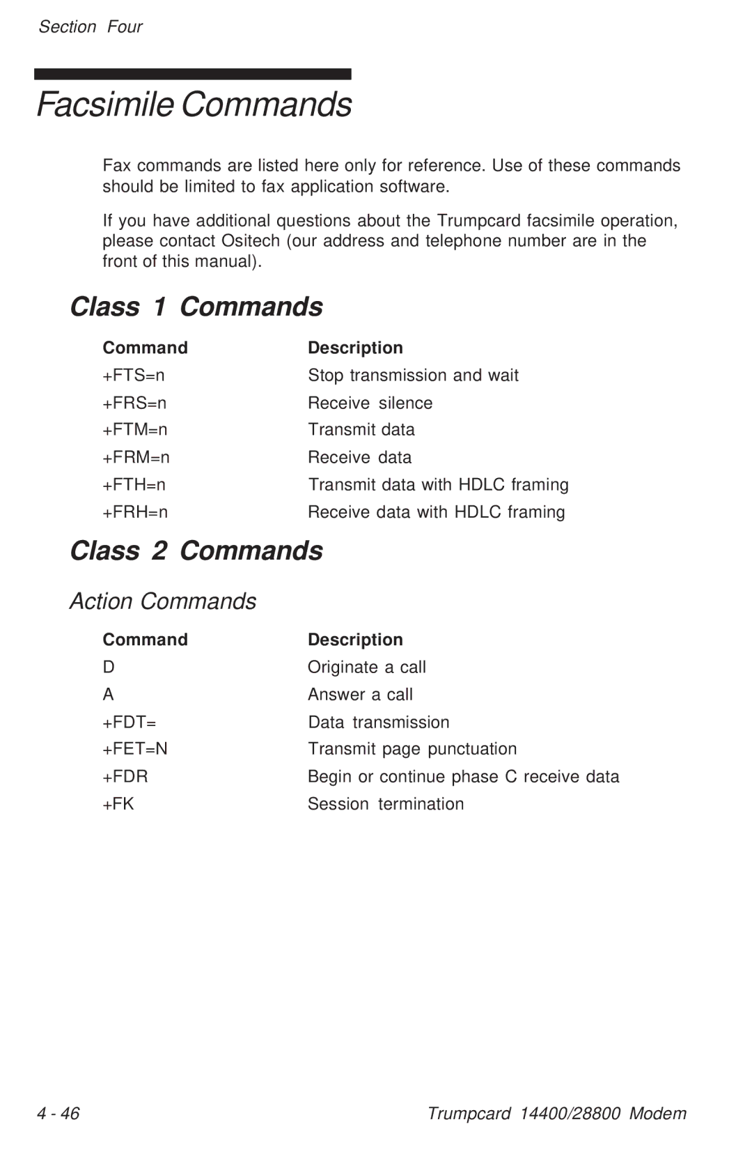 Ositech comm Trumpcard Data/Fax Modem manual Facsimile Commands, Class 1 Commands, Class 2 Commands 