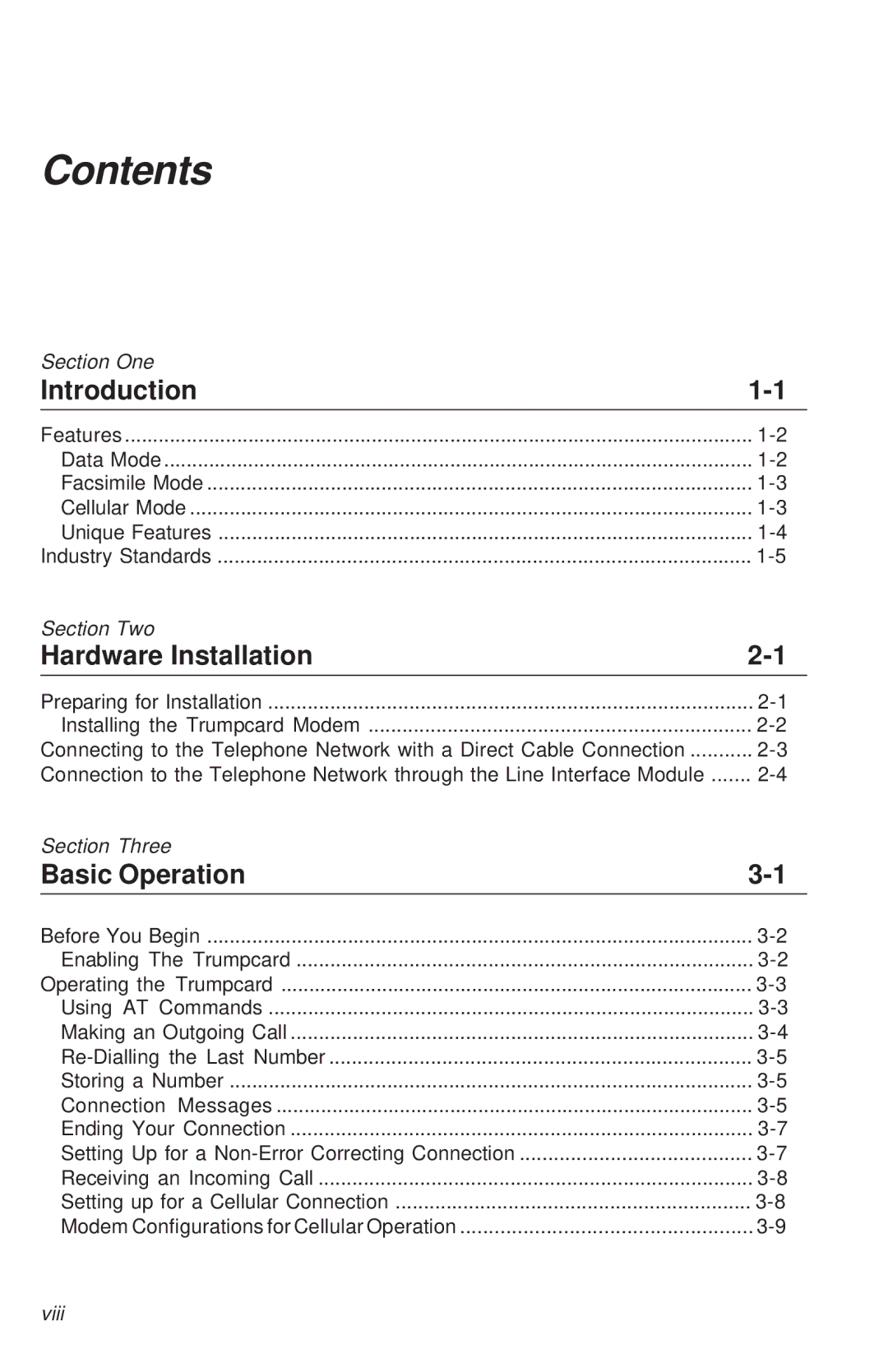 Ositech comm Trumpcard Data/Fax Modem manual Contents 