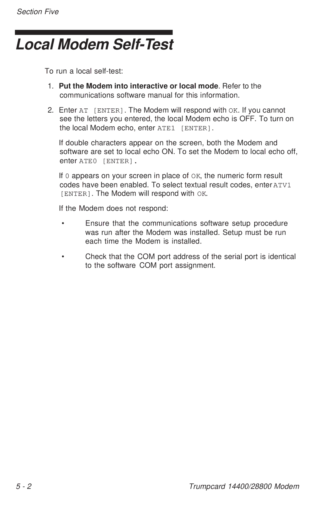 Ositech comm Trumpcard Data/Fax Modem manual Local Modem Self-Test 