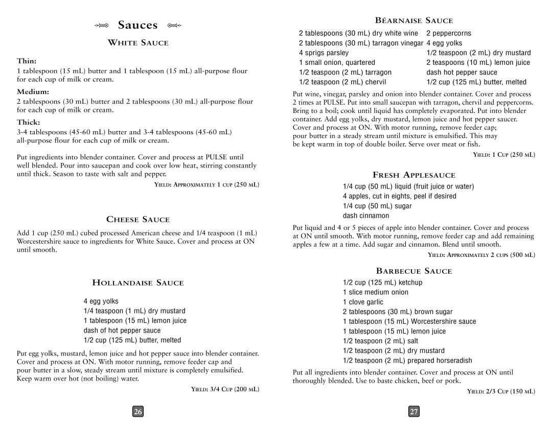 Oster 0026050NP15 user manual Sauces, Egg yolks, Cup 125 mL butter, melted, Tablespoons 30 mL dry white wine Peppercorns 