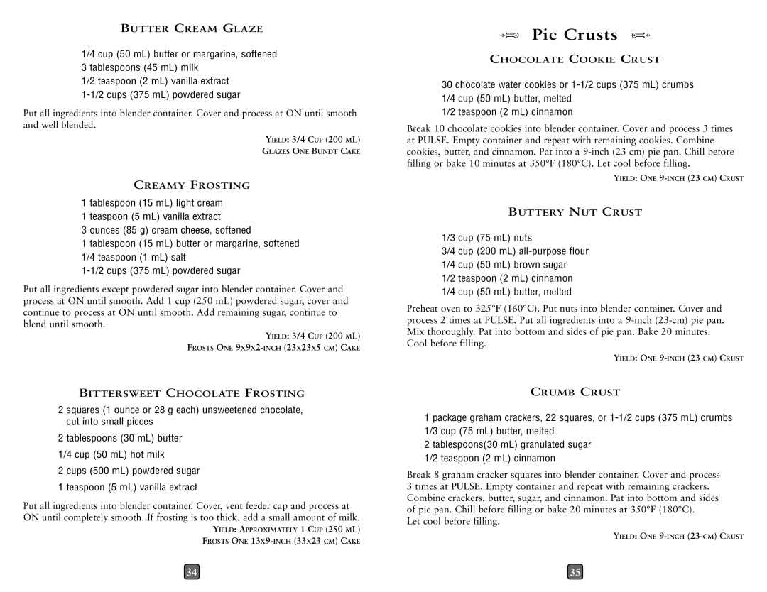 Oster 0026050NP15 user manual Pie Crusts, Cups 500 mL powdered sugar Teaspoon 5 mL vanilla extract, Cup 75 mL nuts 