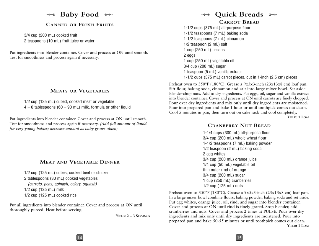 Oster 0026050NP15 user manual Baby Food, Quick Breads, Cup 125 mL cooked rice, Egg whites, Cup 200 mL sugar 