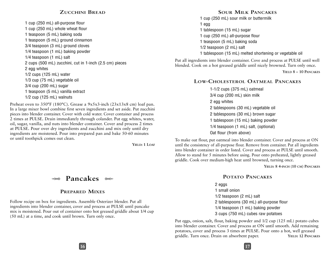 Oster 0026050NP15 Pancakes, Tablespoon 15 mL melted shortening or vegetable oil, Eggs Small onion Teaspoon 2 mL salt 