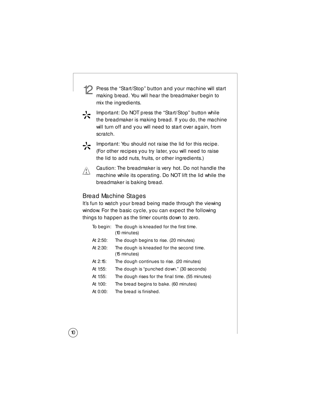 Oster 102819 user manual Bread Machine Stages 