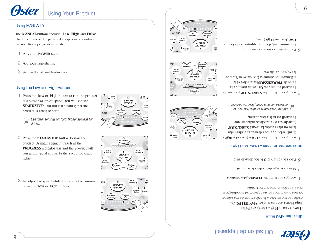 Oster 109478 user manual Using Manually, Using the Low and High Buttons 