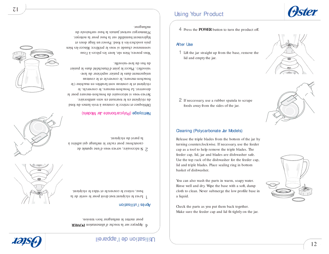Oster 109478 After Use, Cleaning Polycarbonate Jar Models, Récipient du paroi la, Tension hors mélangeur le mettre pour 