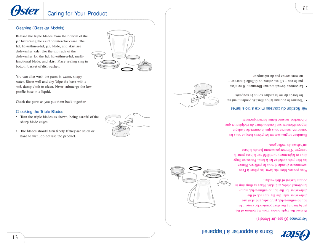 Oster 109478 Caring for Your Product, ’appareil à apporter à Soins, Cleaning Glass Jar Models, Checking the Triple Blades 