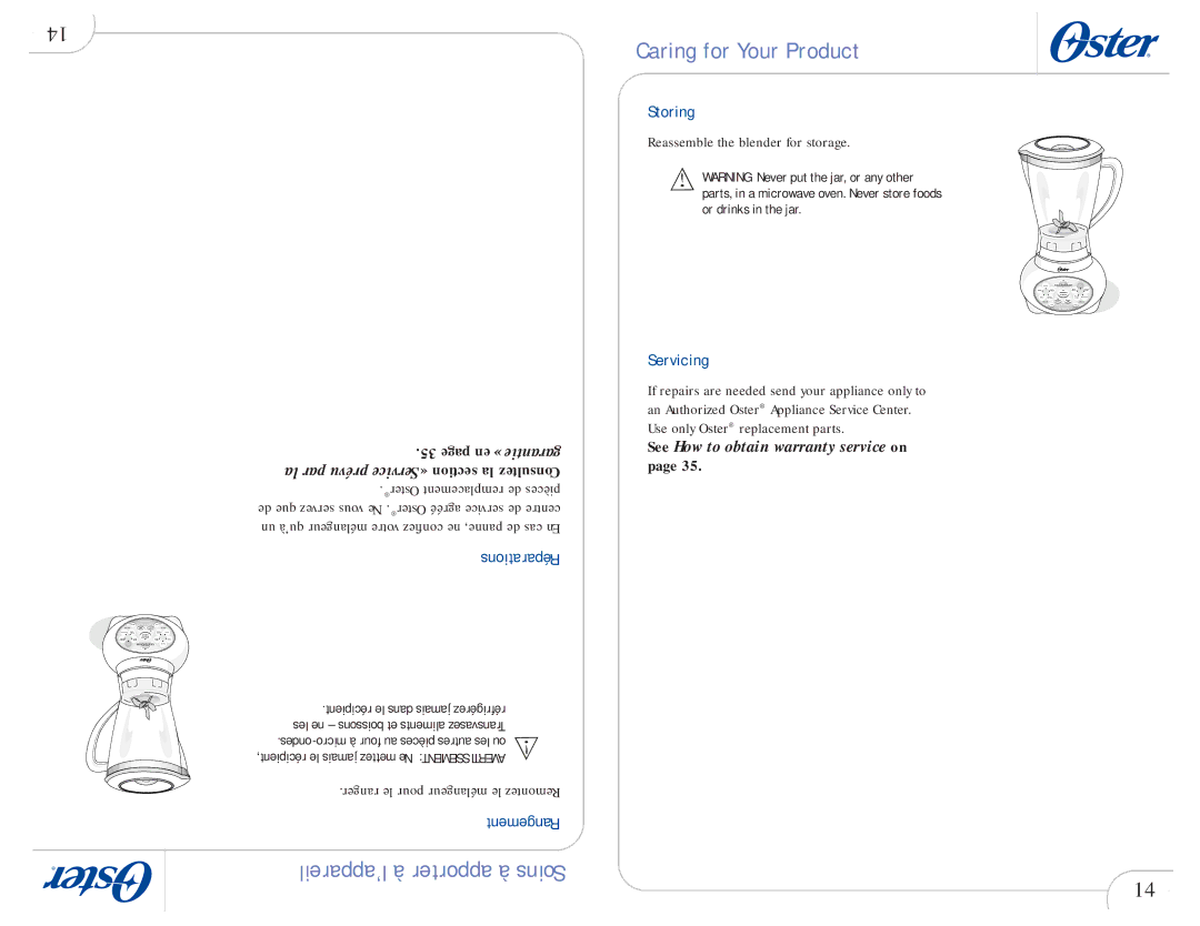 Oster 109478 user manual Storing, Réparations, Servicing, Reassemble the blender for storage 