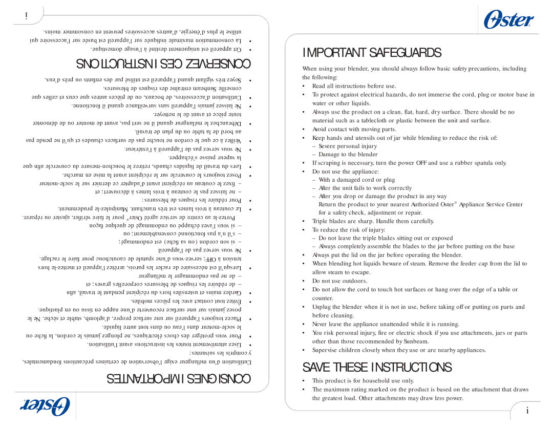 Oster 109478 user manual Important Safeguards 